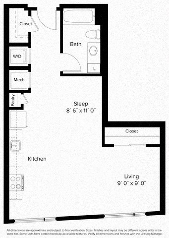 Floor plan for studio, 1 bath, 586 sqft